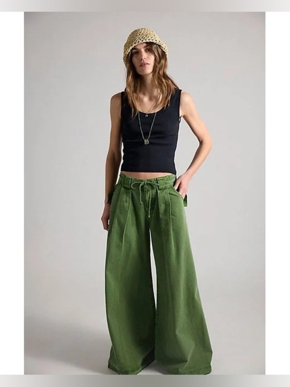 Free People Julien Wide Leg Chino Trouser In Green Treetop XS